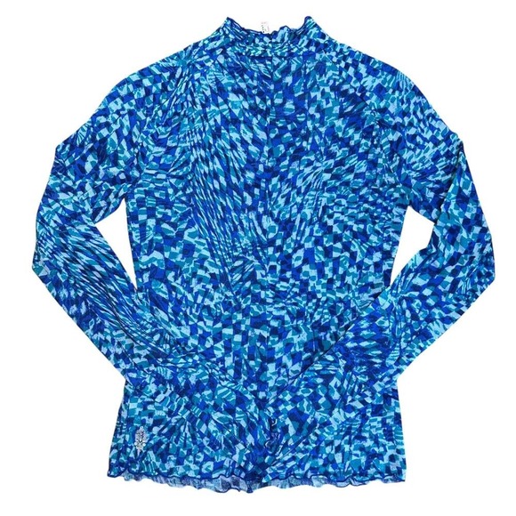 FP Movement by Free People Tops - FP Movement Mock Neck Mesh Top Blue Abstract Thumbholes Lettuce Hems - XS